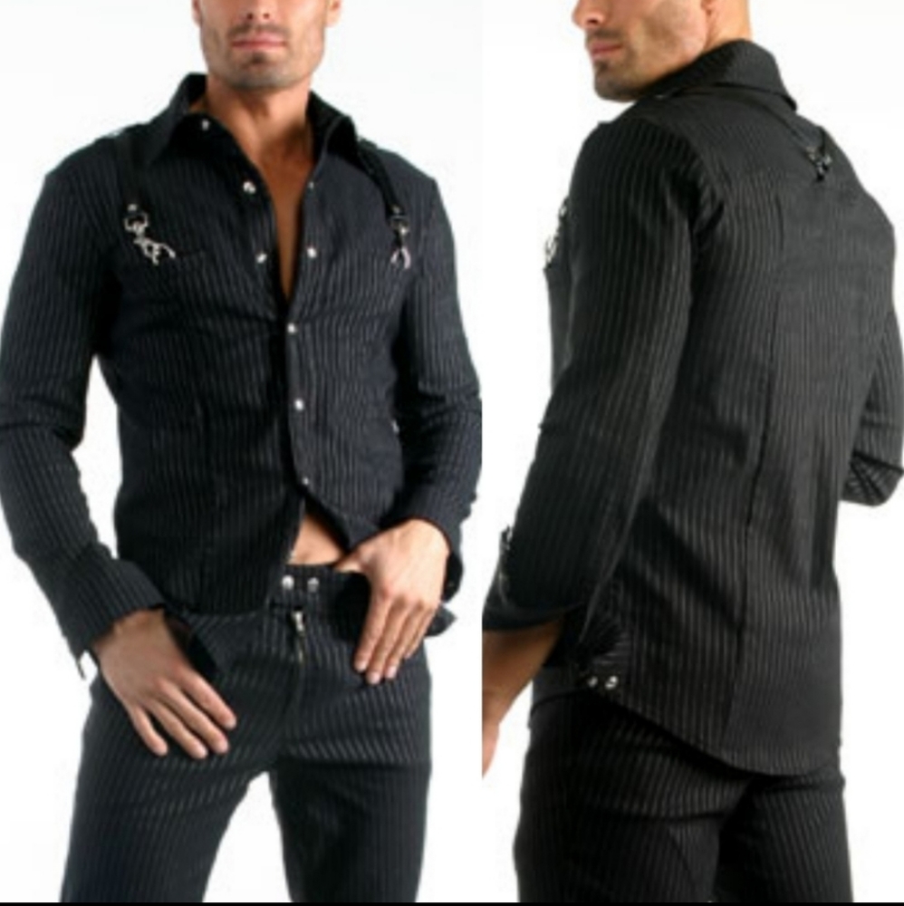 🖤RARE-VNTG Mint Lip Service Gangsta Pranksta Mens Striped & Strapped Shirt🖤